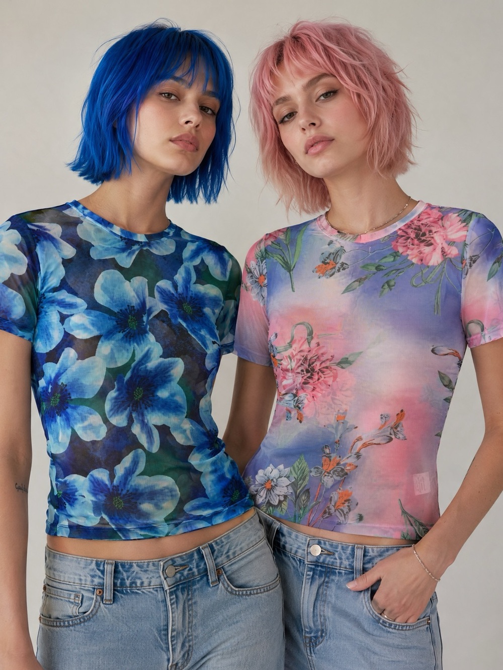 2 Floral Mesh Short Sleeve Tops